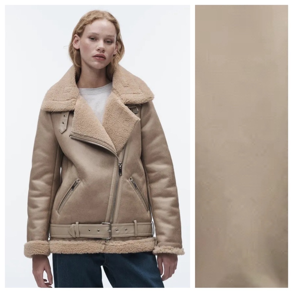 NWT. Zara Taupe Brown Faux Leather Shearling Double-Faced Biker Jacket. Size XS.